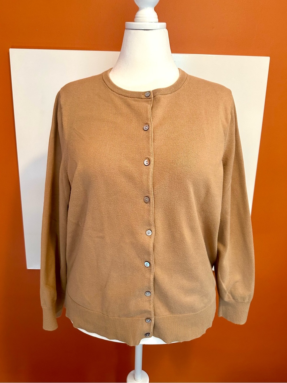 Lands' End Tan Camel Fine Knit Button Front Cardigan Sweater 2X